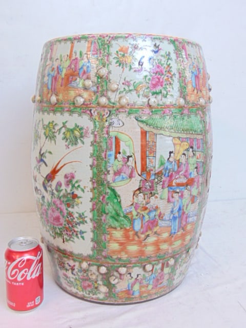 Chinese Famille Rose porcelain garden stool, rose medallion stool is 14" wide, height is 18.75", has (1 of 10)