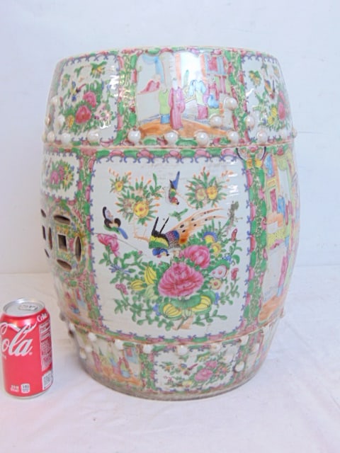Chinese Famille Rose porcelain garden stool, rose medallion stool is 14.25" wide, height is 17.5", (1 of 9)