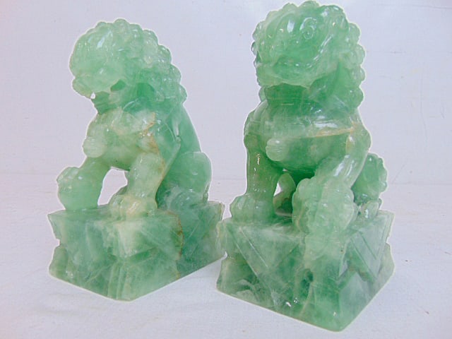Pair Jadeite carved foo dogs, 3.75" by 2 7/8", height is 6.25" (1 of 5)