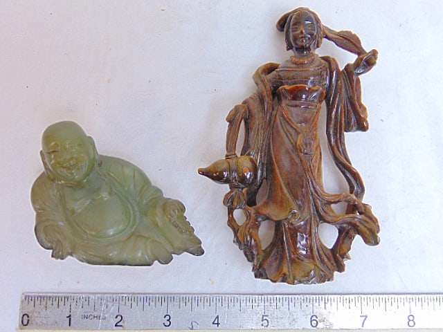 Chinese carved Tiger's Eye figure of a Goddess & carved Jade Buddha figure, has "Made in People's (1 of 7)