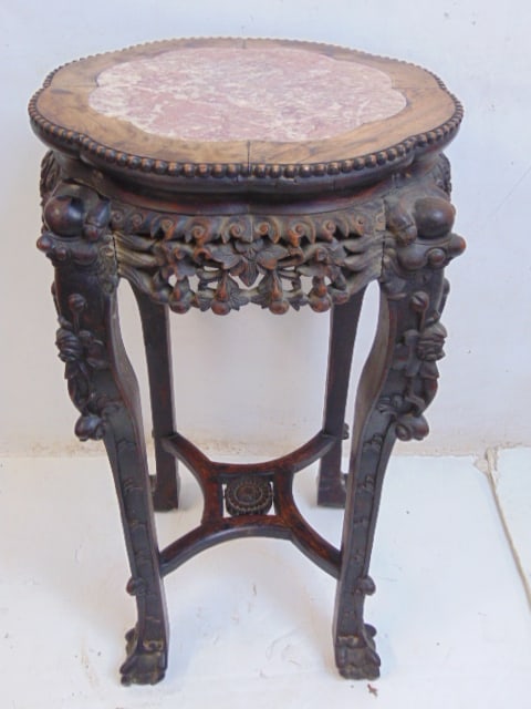 Chinese stand with carved base & marble top, nicely carved legs, stretcher & skirt, stand is 20.75" (1 of 6)