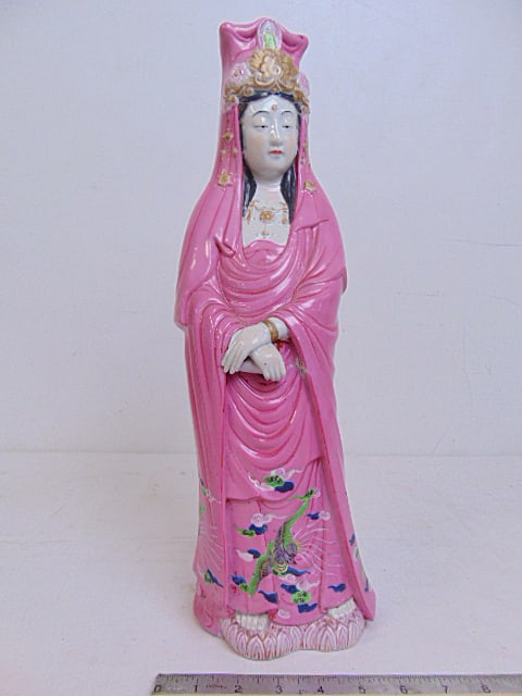 Chinese porcelain figural, Guanyin, Goddess of mercy, in pink robe, height is 18", part of scroll (1 of 6)