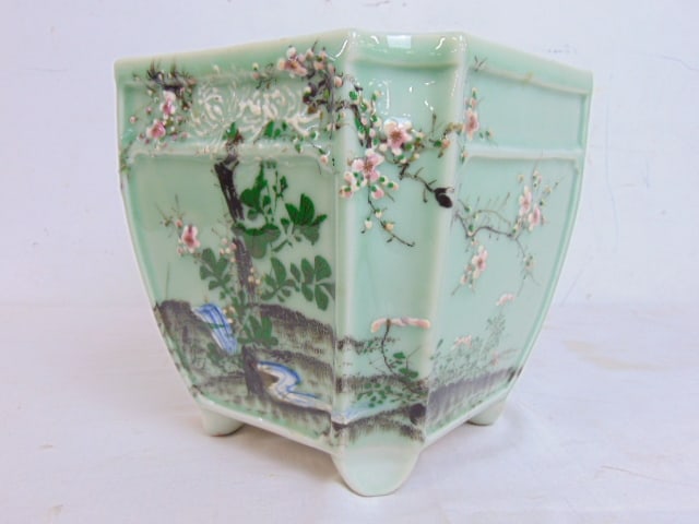 Japanese celadon glazed porcelain planter with floral decorations, 7.5" by 7.5", height is 7.25" (1 of 6)
