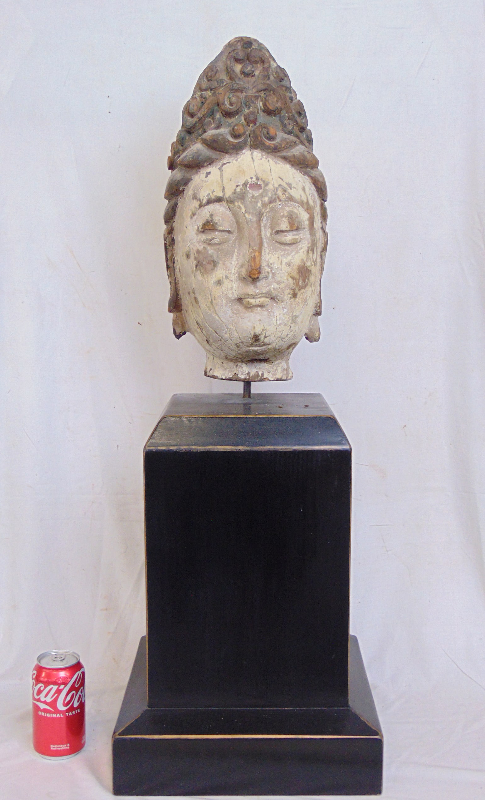Chinese carved wood head (Bodhisattva Guanyin ?), on wood base, old paint, height (total) is 34.75", (1 of 5)