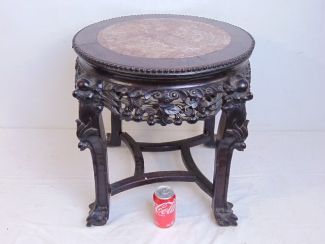 Chinese marble top stand, carved stretcher base, stand is 19" in diameter, height is 20 1/8": Chinese marble top stand, carved stretcher base, stand is 19" in diameter, height is 20 1/8"