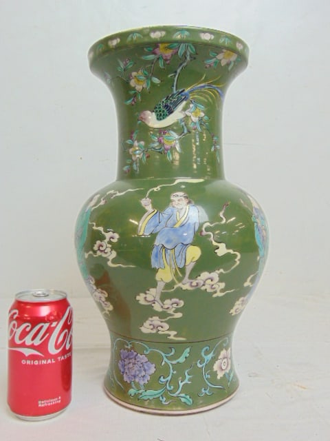 Chinese porcelain urn, in green with various figures, mark on bottom, height is 15.25": Chinese porcelain urn, in green with various figures, mark on bottom, height is 15.25"