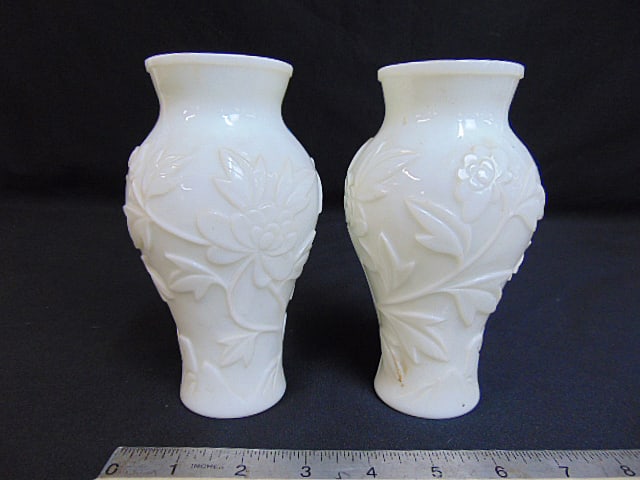 2 small Peking glass vases with raised floral decoration, both drilled, height is 6 2/8" (1 of 4)