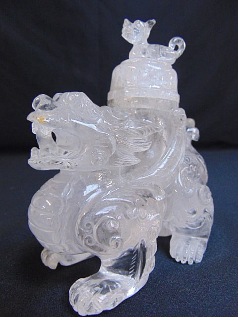Hand carved rock crystal dragon form vessel with lid, 4.75" long, height is 4 7/8" (1 of 6)