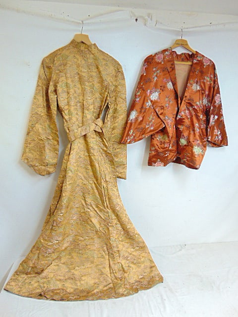 Chinese embroidered jacket & gold silk robe with Chinese scenes, length is 56.5" (1 of 11)