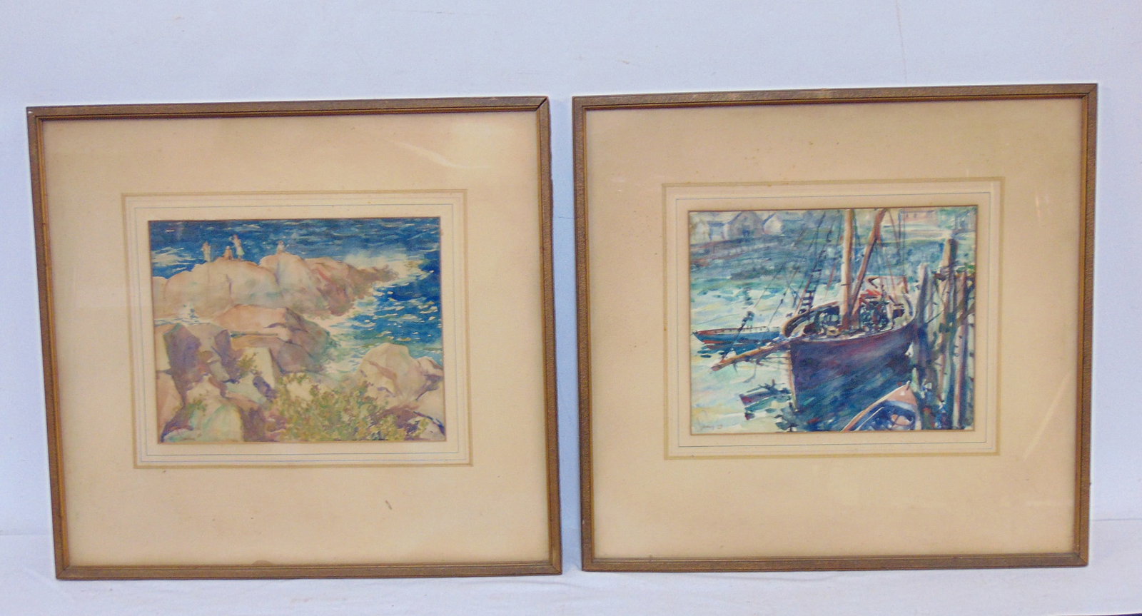2 paintings, Frederick Siemsen, New York Watercolor Club, figures on rocks by shore & sailboat by (1 of 7)