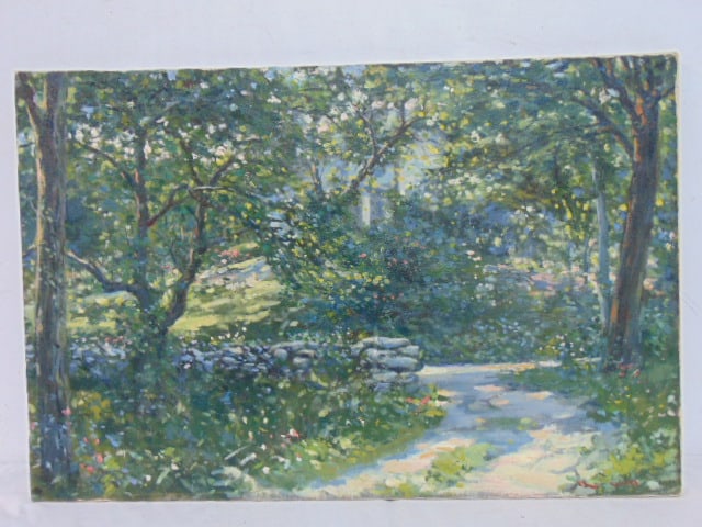 Painting, country path with stone wall, trees, signed illegibly (R. Wall / Call (??)), oil on: Painting, country path with stone wall, trees, signed illegibly (R. Wall / Call (??)), oil on canvas, 18" by 27"