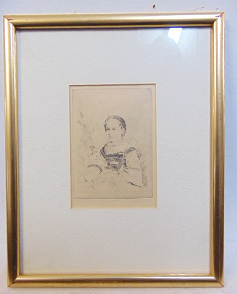 Etching, "Mlle Nathalie Wolkonsky, by Edgar Degas, impression is 4 5/8" by 3.5", framed size is 11: Etching, "Mlle Nathalie Wolkonsky, by Edgar Degas, impression is 4 5/8" by 3.5", framed size is 11 3/8" by 9 1/8"
