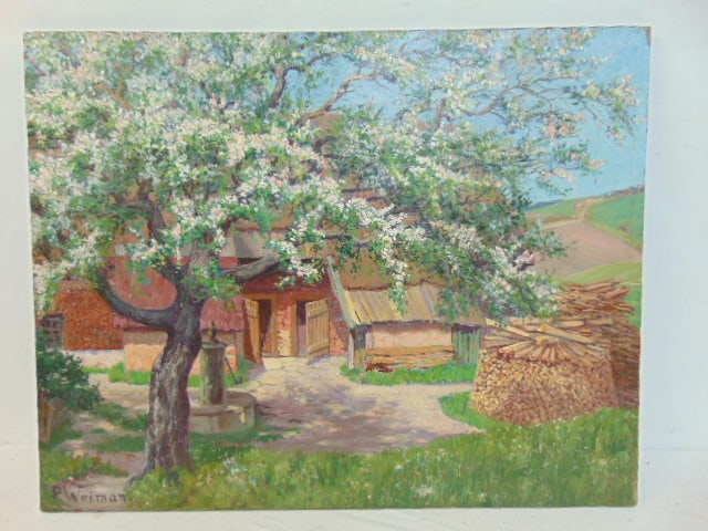 Painting, farmhouse with blossoms, signed P. Weiman, oil on canvas, in restored, relined condition,: Painting, farmhouse with blossoms, signed P. Weiman, oil on canvas, in restored, relined condition, 22" by 28"