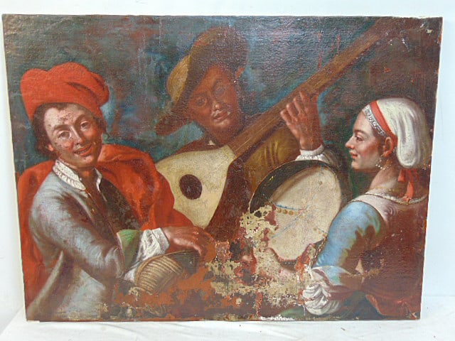 Painting, "Concertino", after Giuseppe Bonito, oil on canvas, has loss of paint in lower center,: Painting, "Concertino", after Giuseppe Bonito, oil on canvas, has loss of paint in lower center, canvas is 29.5" by 39 3/8", painting is relined