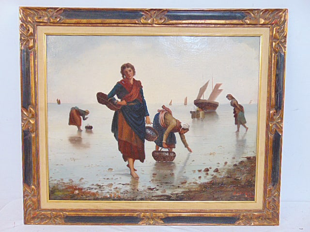 Painting "Sicilian Strand Gatherers", signed H. La Croix, oil on canvas, canvas is 21 5/8" by 27: Painting "Sicilian Strand Gatherers", signed H. La Croix, oil on canvas, canvas is 21 5/8" by 27 2/8" (stretcher), framed size is 27.75" by 33.25"