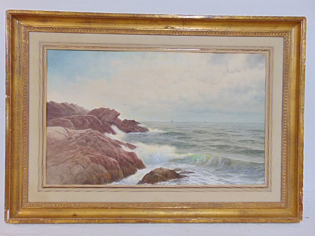 Painting, coastal scene with rocks, signed S.R. Gifford (Sanford Robinson), watercolor, 19th (1 of 6)