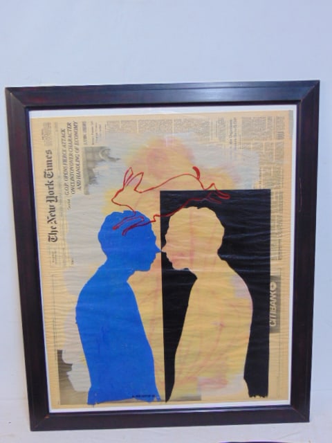 Painting, "Economic Handling", signed N. Nodjoumi (Nicky), 1996, mixed media, part of the New York: Painting, "Economic Handling", signed N. Nodjoumi (Nicky), 1996, mixed media, part of the New York Times Sketchbook Series, 26.75" by 22.25" (art), framed size is 31.5" by 26.5"