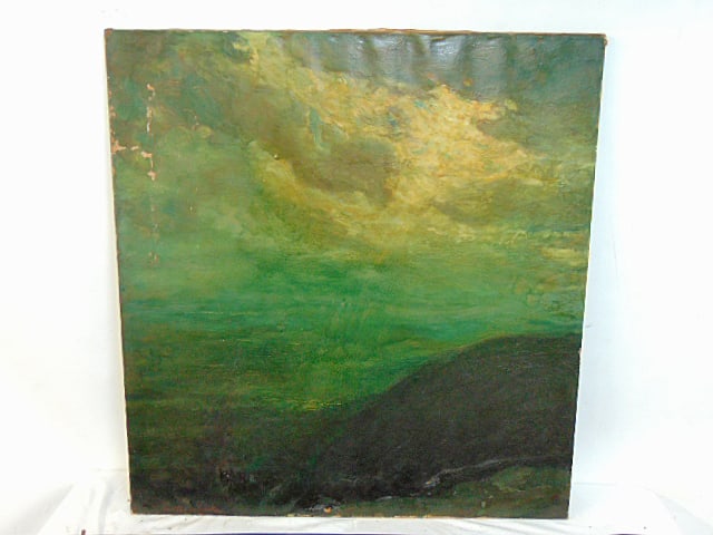 Painting, mountain landscape, signed Paul Duwojhart??, oil on canvas, loose on stretcher, some loss (1 of 7)