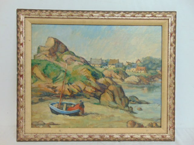 Painting, figure on beach, town in distance, unsigned, oil on canvas board, 16" by 20", framed size: Painting, figure on beach, town in distance, unsigned, oil on canvas board, 16" by 20", framed size is 19.75" by 23.75"
