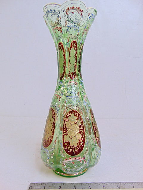 Glass enamel decorated vase, style of Moser, light green glass with applied floral decoration & (1 of 6)