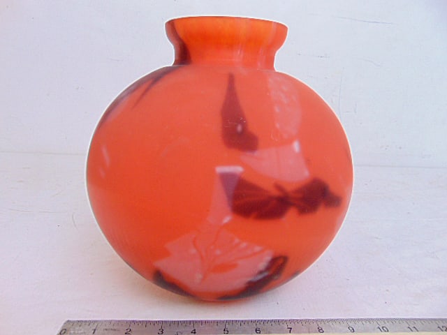 French art glass vase attributed to Verrerie d'Art Lorrain, faint signature, in orange & red mottled (1 of 5)