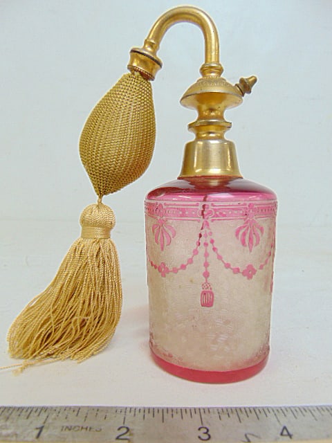 Baccarat perfume atomizer in Eglantier or wild rose pattern, has small chip on edge. (1 of 5)