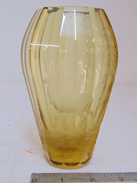 Moser Czech amber colored glass vase with etched deer decoration, 5.75" tall, in good condition: Moser Czech amber colored glass vase with etched deer decoration, 5.75" tall, in good condition