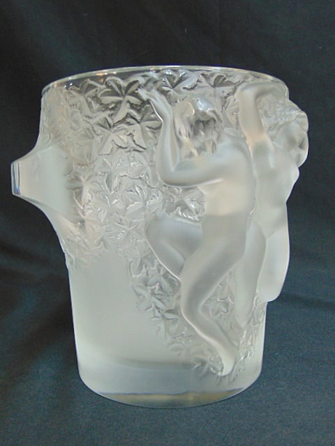 Lalique Ganymede champagne ice bucket, frosted art glass decorated with raised relief nude figures,: Lalique Ganymede champagne ice bucket, frosted art glass decorated with raised relief nude figures, 9.5" wide (incl. handles), height is 8 7/8", in good condition.
