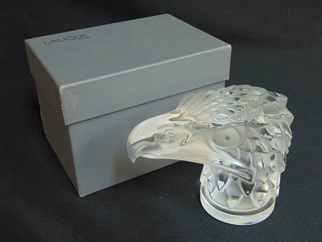 Lalique art glass eagle head, after the 1928 hood ornament, in original box, signed, 5.5" deep,: Lalique art glass eagle head, after the 1928 hood ornament, in original box, signed, 5.5" deep, height is 4 3/8"