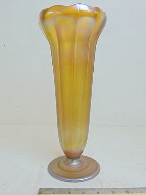 Tiffany Favrile art glass trumpet vase, signed L.C.T., vase is 12 5/8" tall, ion good condition. (1 of 5)