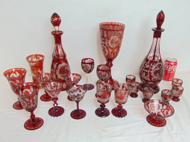 Large lot of Bohemian glass in ruby red, large glass goblet, decanter with 6 small cups, decanter (1 of 8)