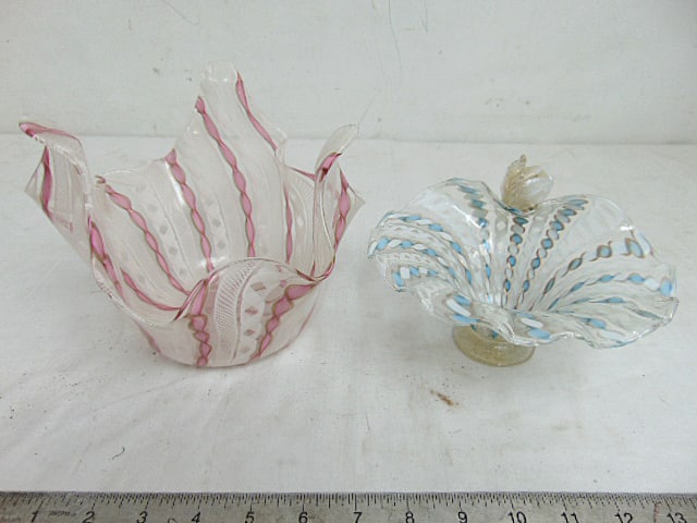 2 Italian art glass bowls, Murano pink & white ribbon design bowl in handkerchief style & Murano art: 2 Italian art glass bowls, Murano pink & white ribbon design bowl in handkerchief style & Murano art glass bowl or compote with blue & white ribbon design blue bowl is as is, repaired, pink bowl is in