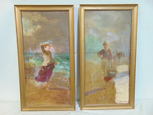 2 framed porcelain plaques, fisher girls, signed Charles Fuchs, late 19th Century, 19.75" by 9.75", (1 of 7)