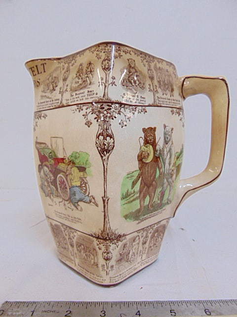 Rare Roosevelt bears pitcher, Buffalo Pottery, copyright Edward Stern & Co, 8" tall, no cracks,: Rare Roosevelt bears pitcher, Buffalo Pottery, copyright Edward Stern & Co, 8" tall, no cracks, chips