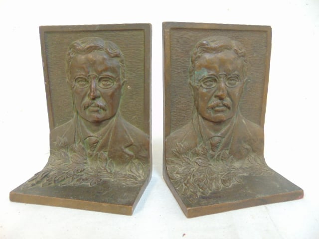 Pair Theodore Roosevelt bronze bookends, 4" wide, 5 3/8" tall, 2.5" deep (1 of 4)