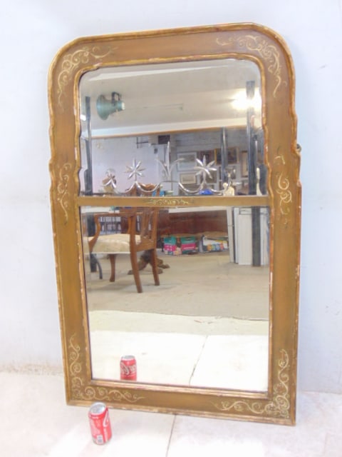Decorative gilt two panel mirror with painted designs in frame, mirror has beveled & etched glass (1 of 6)