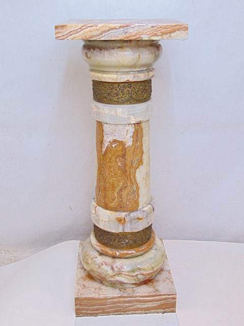 Large Italian style green & brown banded onyx pedestal with decorative bronze trim, pedestal is (1 of 6)