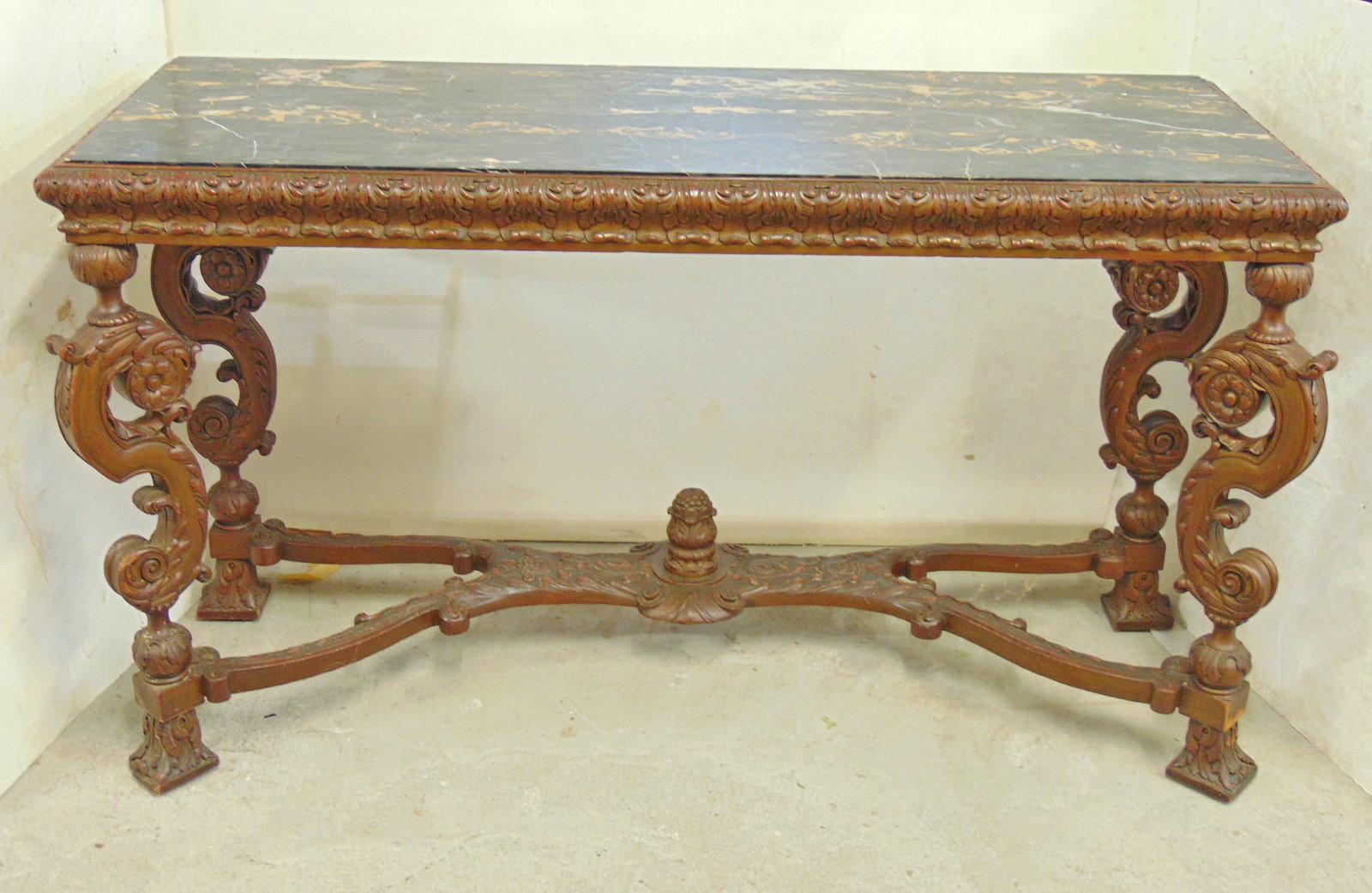 Carved base marble top console table, black marble top, decorative carved stretcher base, table is (1 of 8)