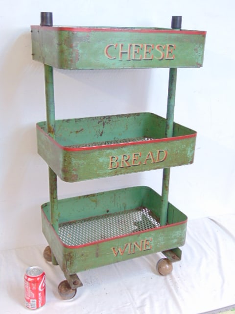 Rolling iron trolley cart in old paint, "Cheese", "Bread", "wine", cart is 34.25" tall, 17.75" wide, (1 of 5)