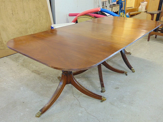 3 part antique pedestal base dining table, solid mahogany, inlaid detail on base, brass claw feet (1 of 8)