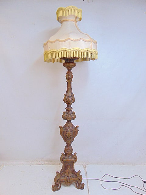 Ornate carved wood & gesso floor lamp with linen shade, height is 78" (1 of 5)