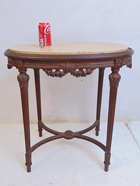 French oval marble top side table with carved skirt, legs & stretcher base, oval table is 28" by (1 of 5)