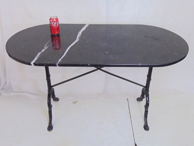 Oval marble top Italian table on iron base, black marble with white vein, base painted black, table (1 of 6)