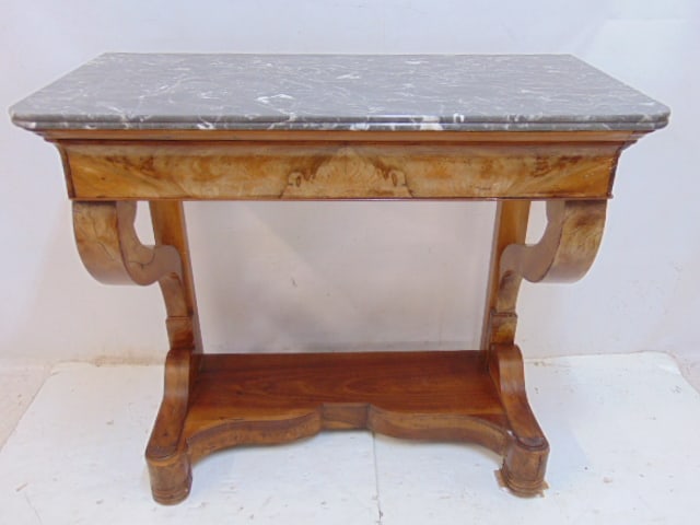 Antique marble top console or pier table with drawer, grey marble top, some repairs to base, table (1 of 6)