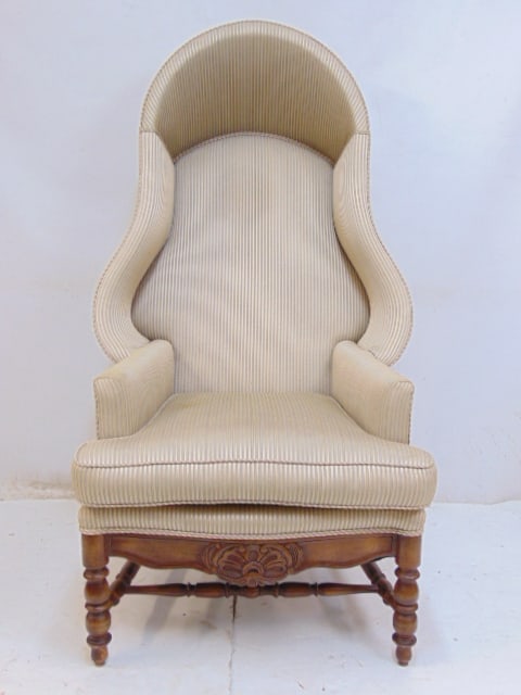 French style porter's or hood chair with rounded high back canopy, carved detail on base, striped (1 of 4)
