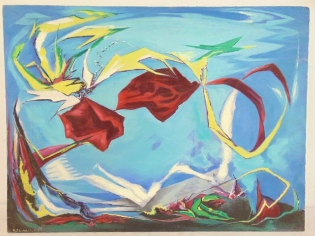 Painting, "Bright Incident", signed H. Crowley (Harry), 1945, oil on Masonite, 18" by 24" (1 of 5)