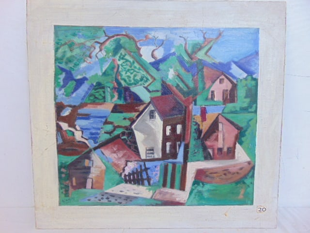 Painting, "Landscape Abstraction", signed H. Crowley (Harry), 1942, oil on board, 15" by 16.5" (1 of 6)