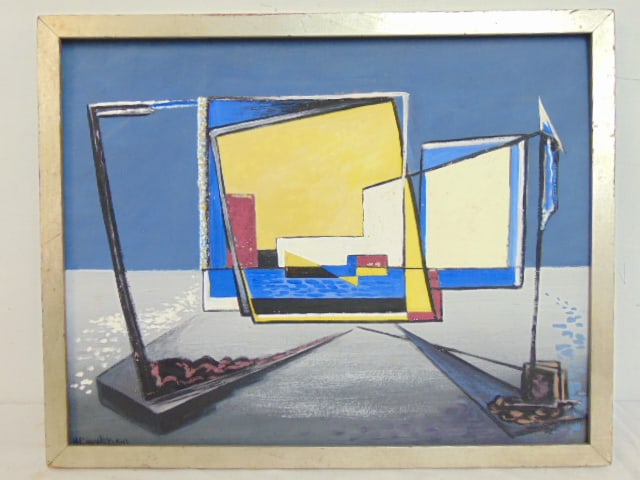 Painting, abstract composition, H. Crowley (Harry), 1941, oil on board, 14.5" by 18.5" frame size is: Painting, abstract composition, H. Crowley (Harry), 1941, oil on board, 14.5" by 18.5" frame size is 15 5/8" by 19 5/8"