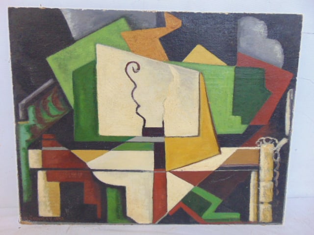 Painting, abstract composition, signed H. Crowley (harry), 1940, oil on board, 14" by 18" (1 of 6)