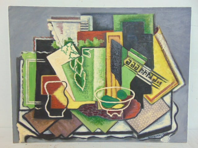 Painting "White Bowl & Pears", H. Crowley (Harry), 1940, double sided, oil on board, 15" by 19.5" (1 of 6)